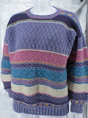 Vintage NONIA Handmade Wool Knit Chunky Striped Sweater PurplePinkBlue Oversized